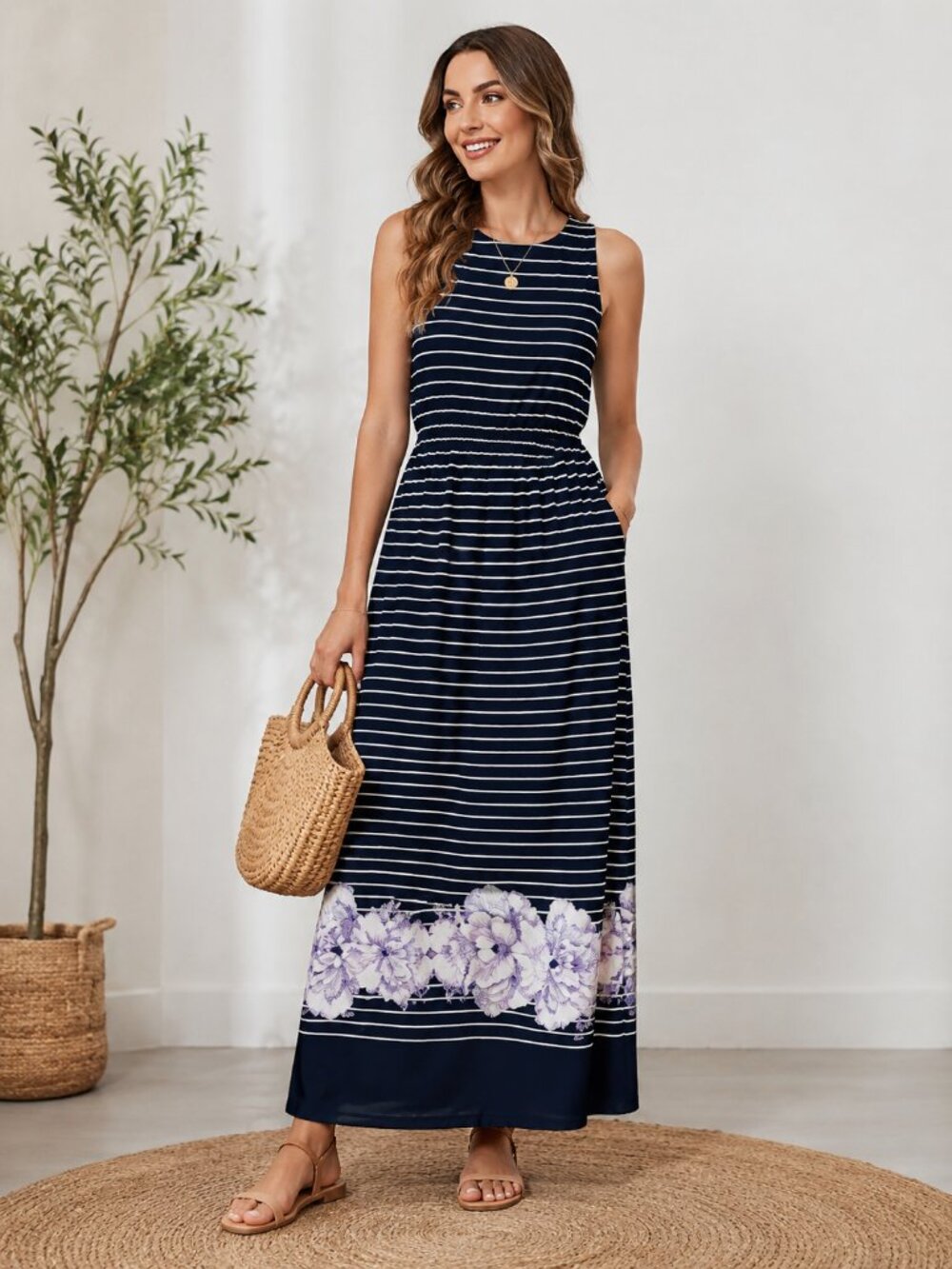 Max Studio Striped Sleeveless Maxi Dress Floral Hem Size M